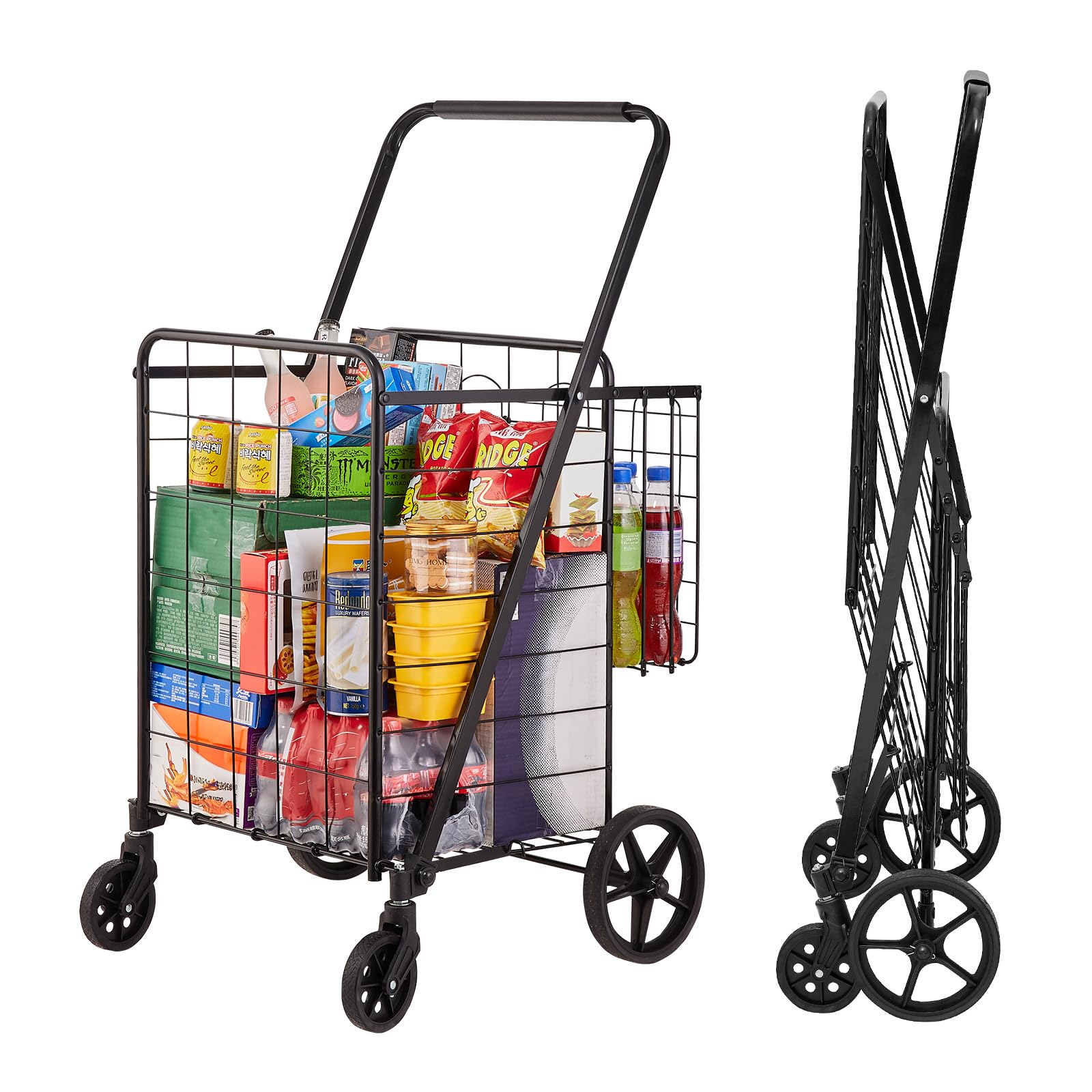 VEVOR Folding Shopping Cart Jumbo Grocery Cart With Double Baskets 360° Swivel Wheels Heavy Duty Utility Cart 50 kg Large Capacity Utility Cart For