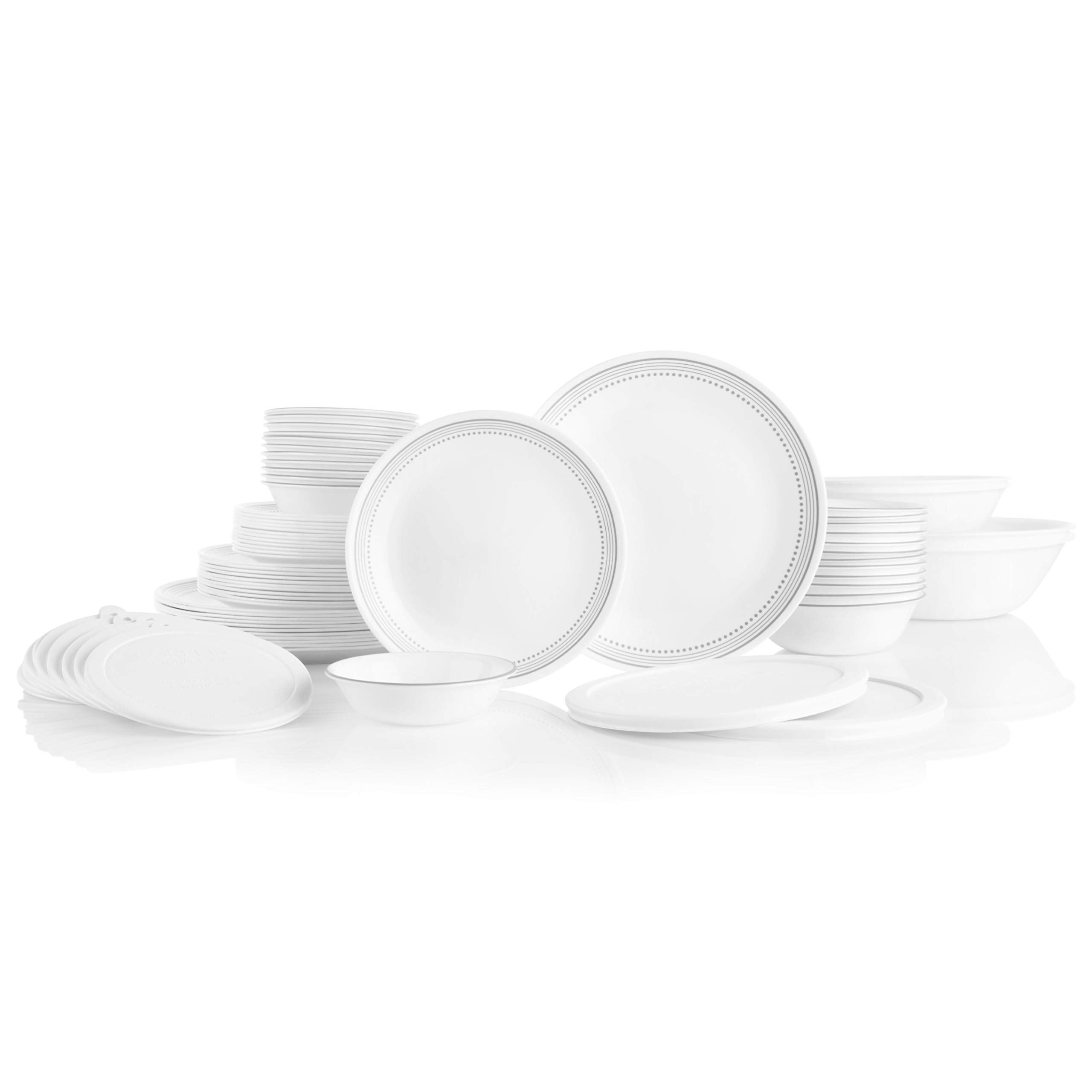 Corelle Vitrelle 78-Piece Service For 12 Dinnerware Set, Triple Layer Glass and Chip Resistant, Lightweight Round Plates and Bowls Set, Mystic Gray