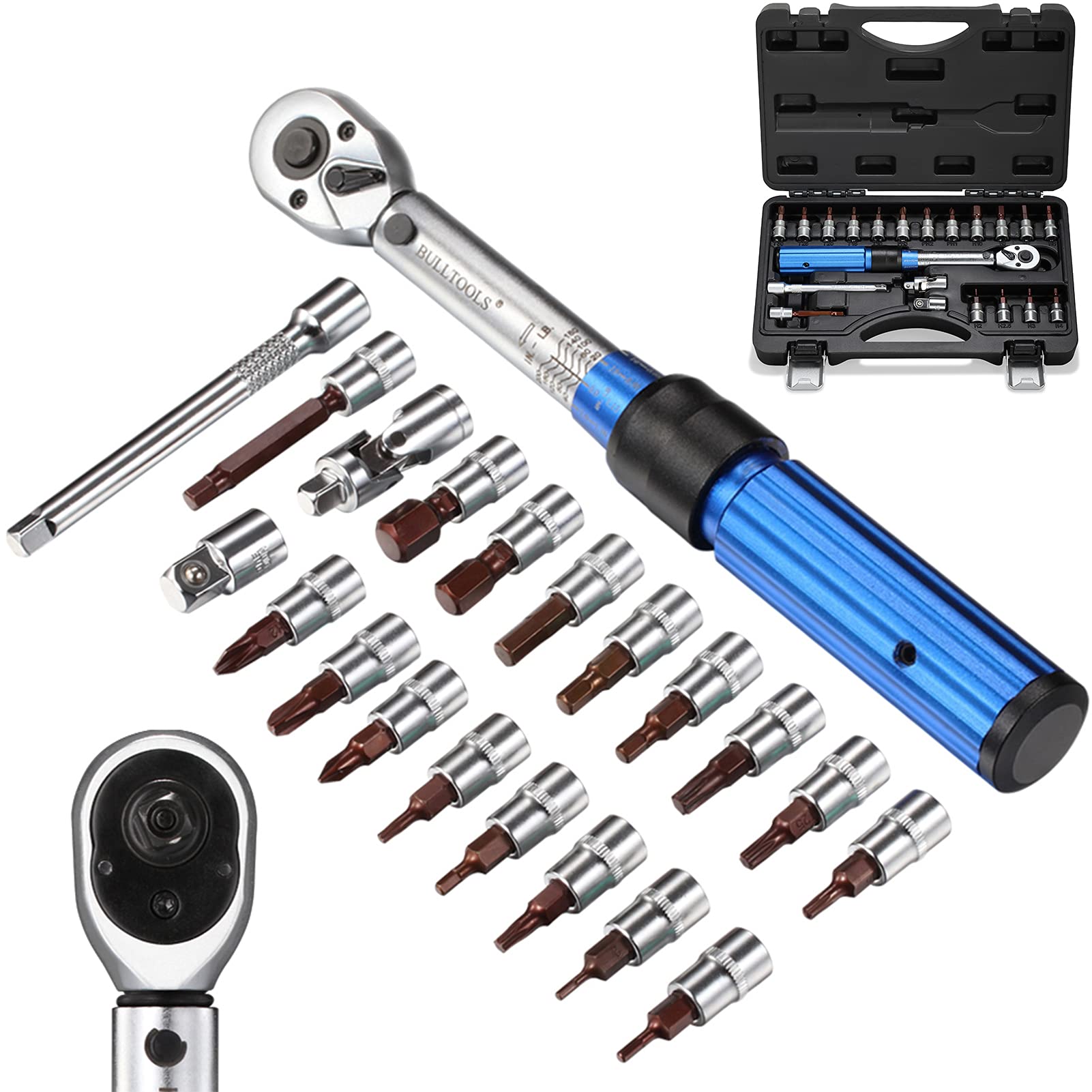 BULLTOOLS 1/4-Inch Drive Click Torque Wrench Set Dual-Direction Adjustable 90-Tooth Torque Wrench With Buckle (20-200in.lb / 2.26-22.6Nm)