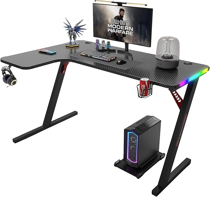 MIUZ 160cm Black RGB LED Gaming Desk Computer Home Office Writing Desk Racer Table Carbon Fiber