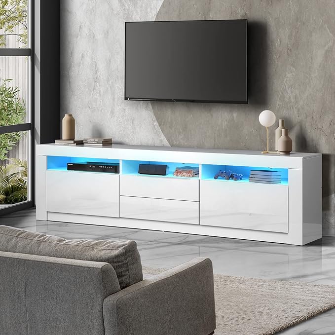 Oikiture TV Cabinet Entertainment Unit Stand RGB LED Gloss Furniture White 180cm