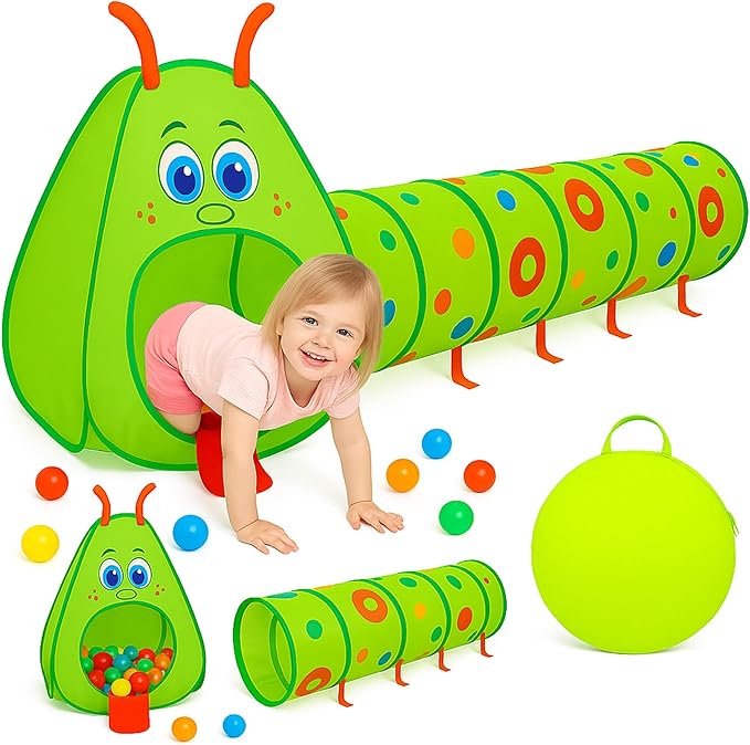 KiddeyCaterpillar Kids Play Tunnel and Tent | 2 Pc. Crawl Through Baby Ball Pit Pop Up For Toddler, and Babies, Indoor & Outdoor Jungle Gym Party Gift