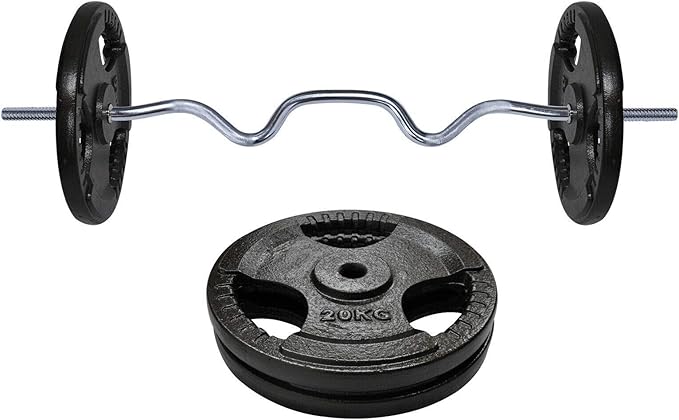 Total 45kg - 120cm Super Curl Barbell Bar Weight + EZ Grip Cast Iron Weight Plate