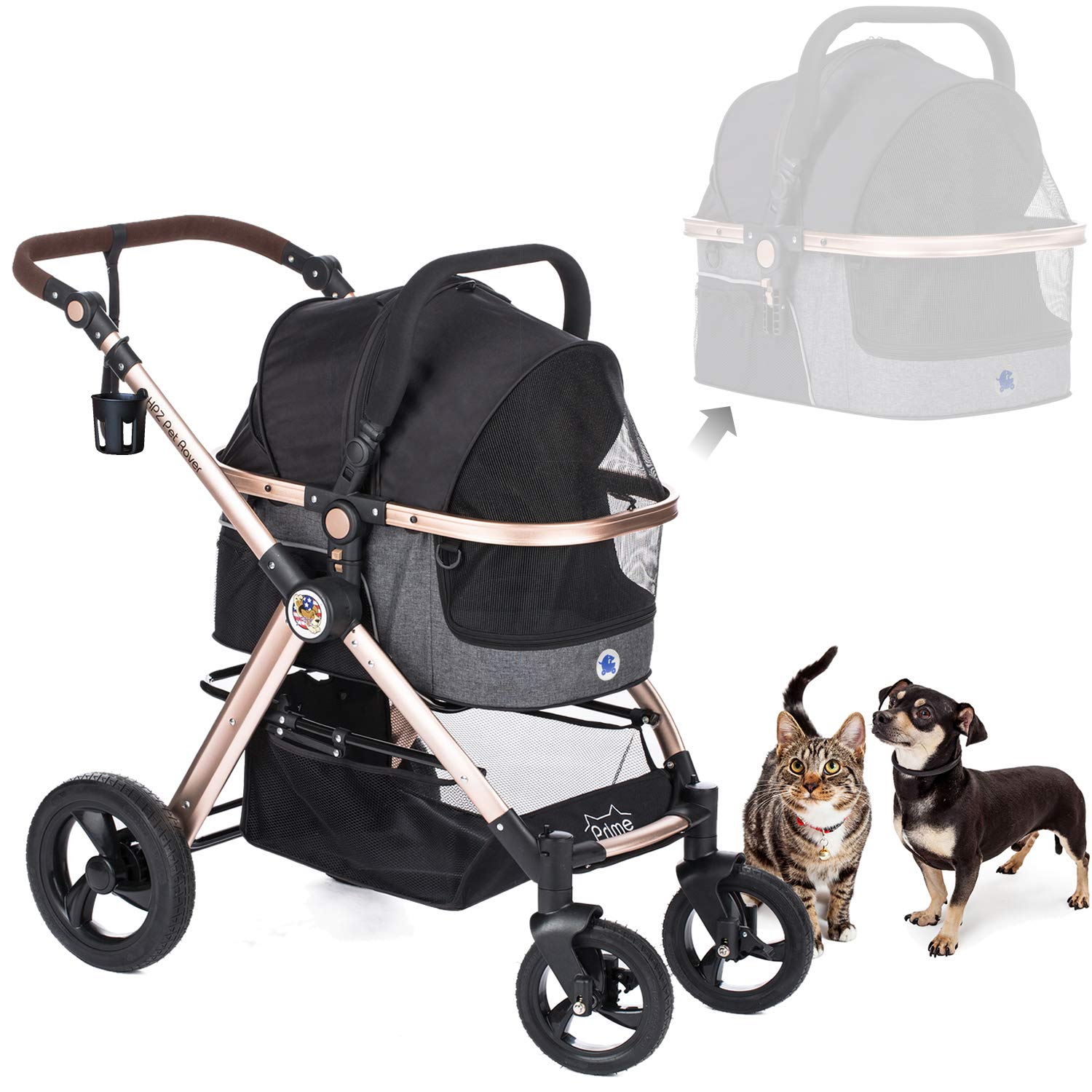 HPZ Pet Rover Prime 3-in-1 Luxury Dog/Cat/Pet Stroller (Travel Carrier + Car Seat +Stroller) with Detach Carrier/Pump-Free Rubber Tires/Aluminum