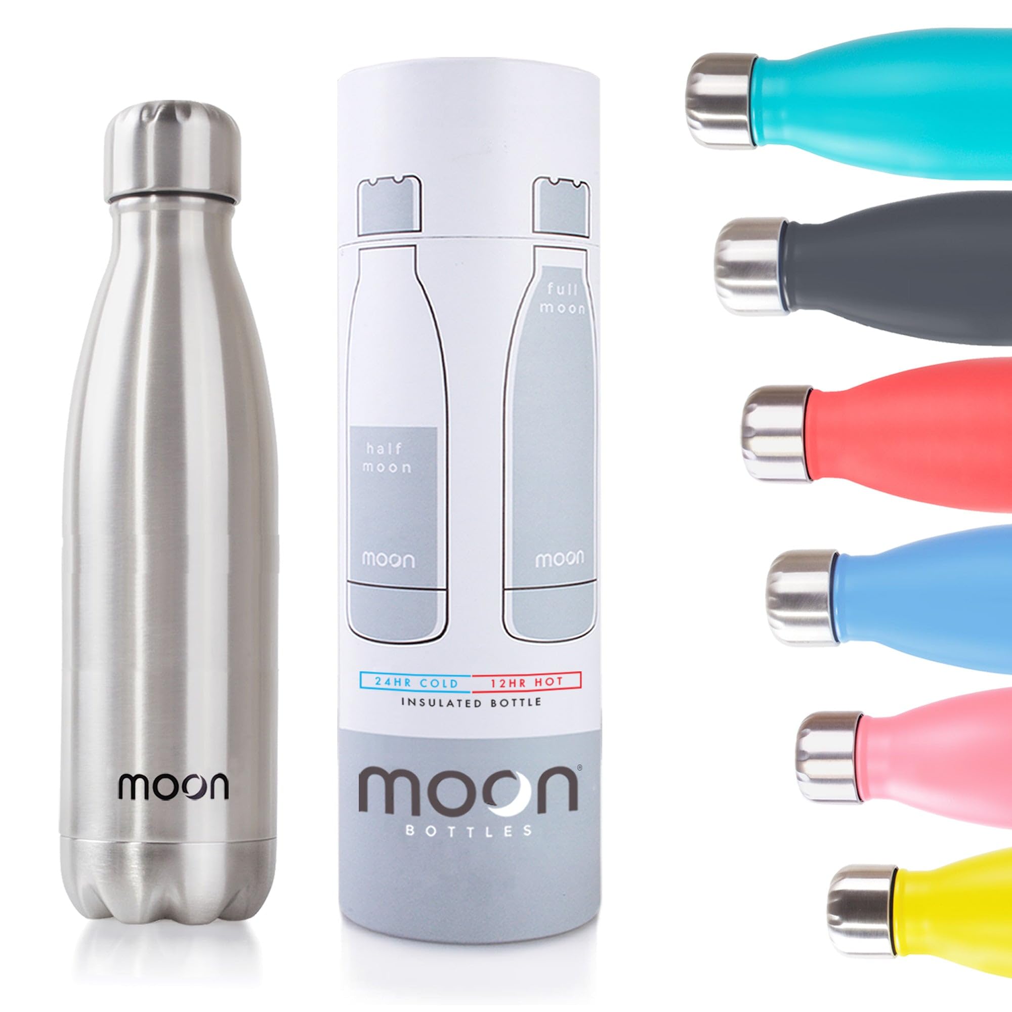 Moon Bottles - Carbon Neutral Stainless Steel Metal Water Bottle & Vacuum Flask - 24 Hrs Cold & 12 Hot - Insulated Drinks Bottles, Double Wal