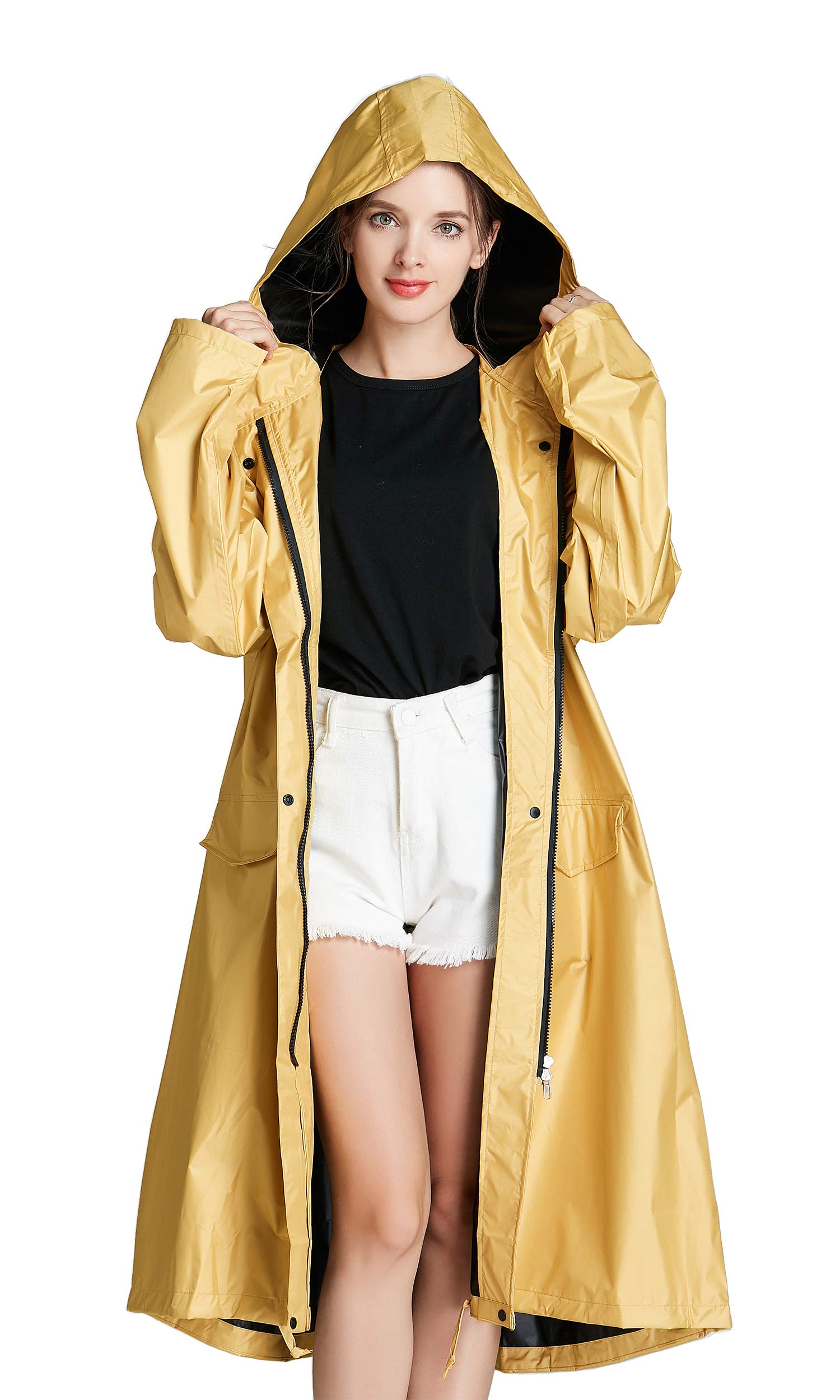 Freesmily Women Long Raincoat Waterproof Rain Jacket With Hood Zipper And Pockets Outdoors
