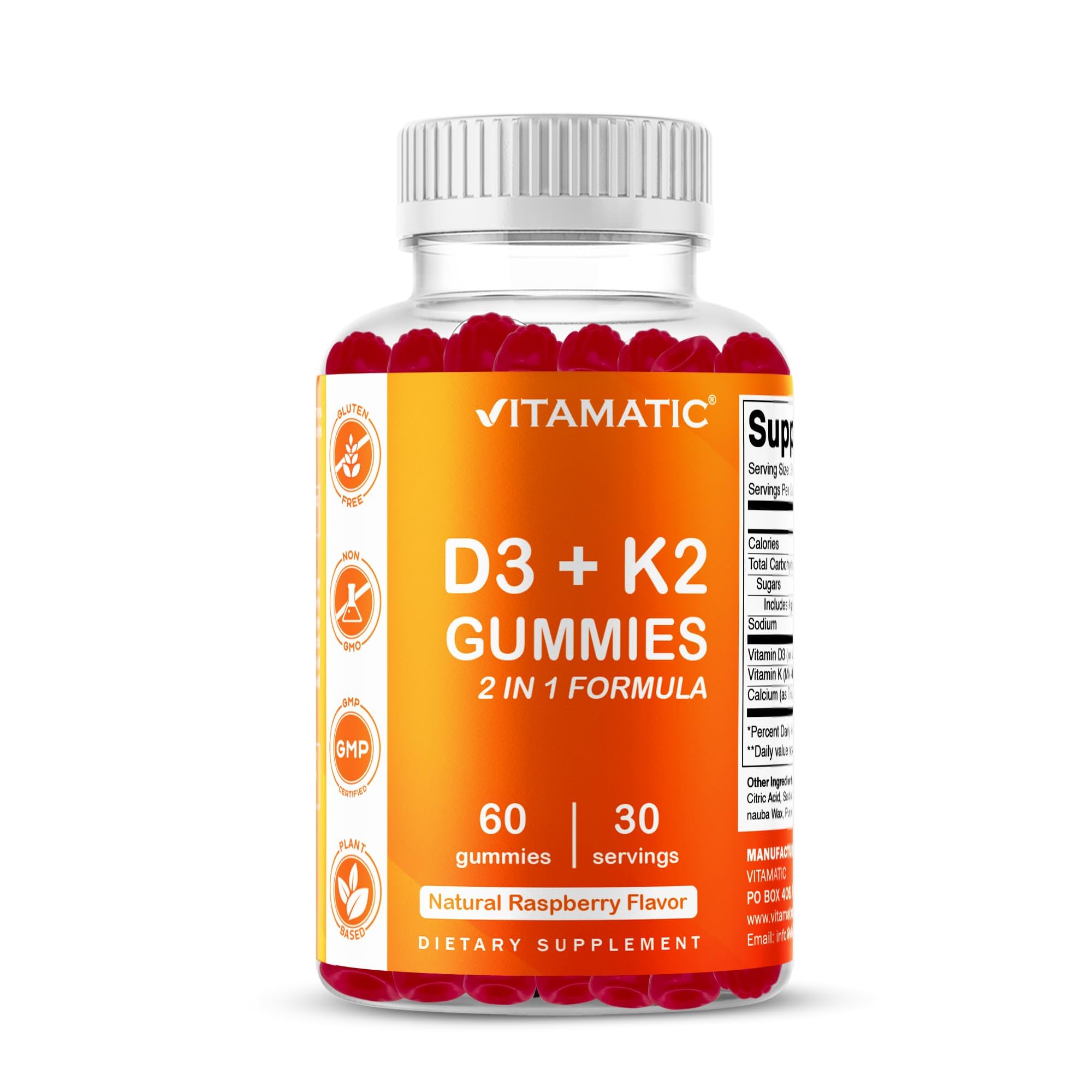 Vitamatic, D3 + K2 Gummies, Natural Raspberry, 60 Gummies