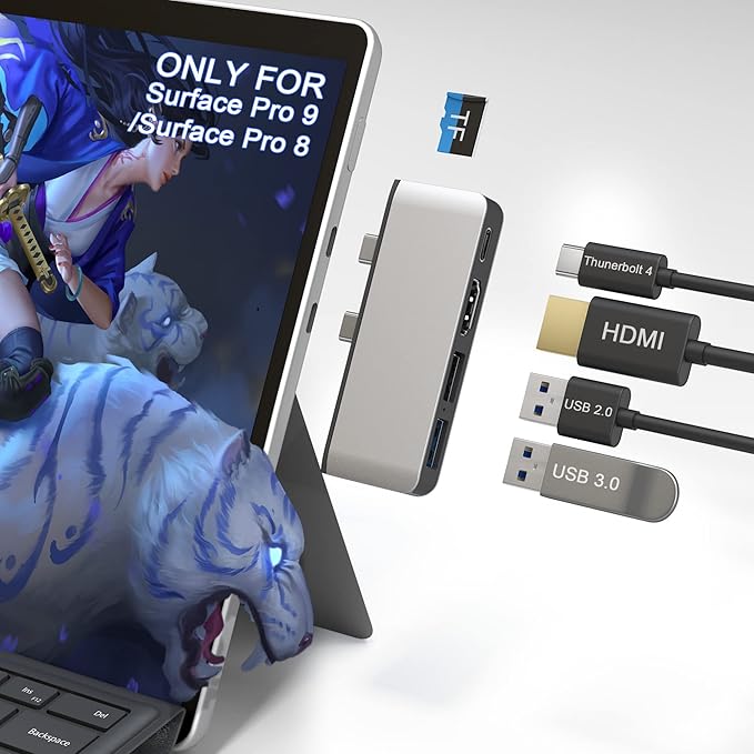 Surface Pro 8 USB Hub, Surface Pro 8 Docking Station with 4K HDMI+USB-C Thunderbolt 4 (Display & Data & PD)+USB 3.0/2.0+TF Card Reader, USB Adapter