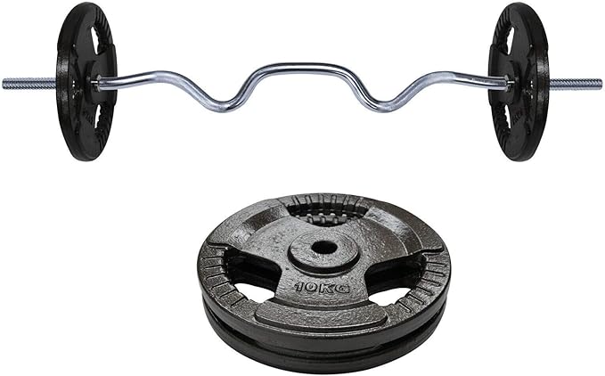 Total 25kg - 120cm Super Curl Barbell Bar Weight + EZ Grip Cast Iron Weight Plate