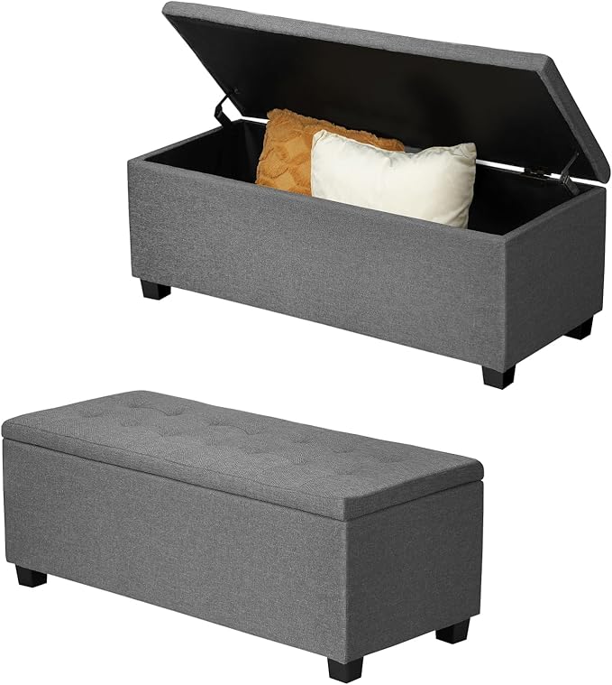 Oikiture Storage Ottoman Blanket Box Faux Linen Large Grey