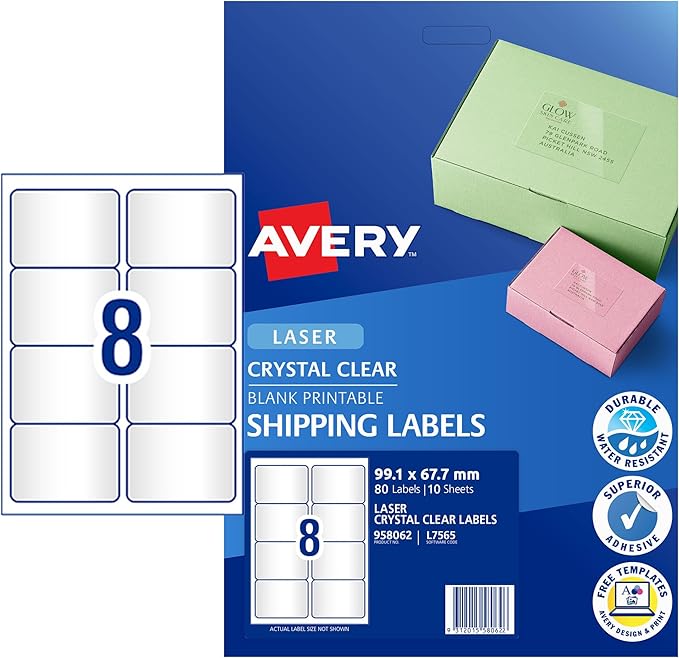 Avery 958062 Crystal Clear Shipping Labels - L7565 - 10/Pack - 99.1x67.7 mm | 8Up