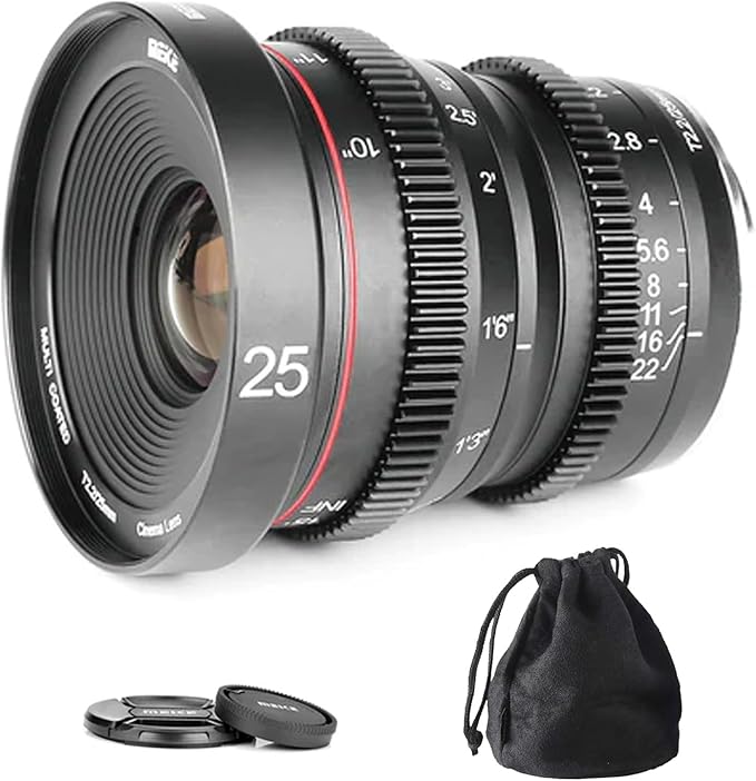 Meike 25mm T2.2 Manual Focus Cinema Lens E Mount, Prime es, Sony E,MK, APS C Super 35, T2.2, Imperial, 77mm,