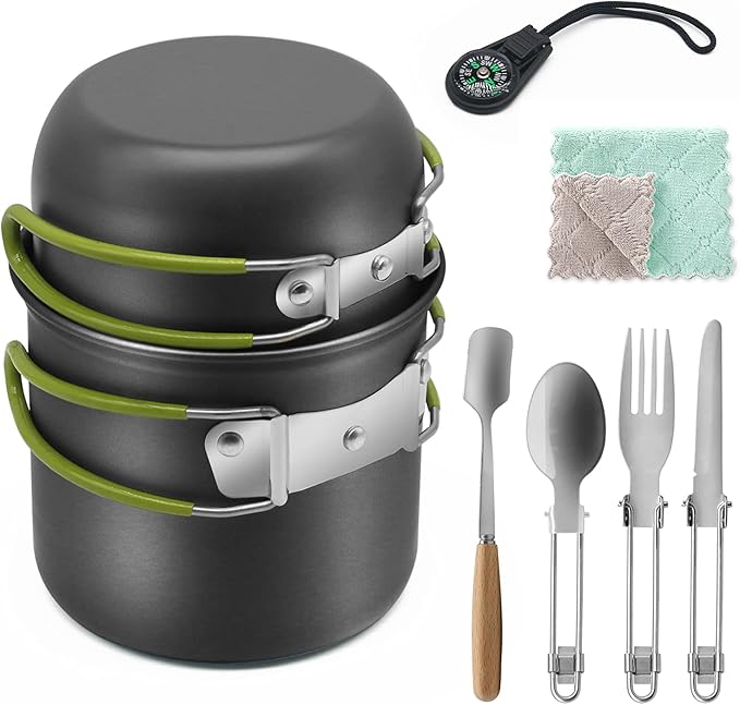 Camping Cookware Kit, Outdoor Cooking Set With Fork Spoon Compass Kit, Lightweight Camping Pot and Pan For 1 To 3 People Camping,hiking,picnic