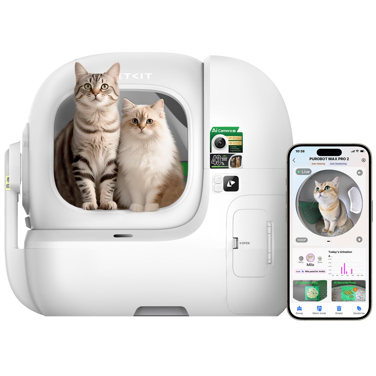 PETKIT 2025 Purobot Max Pro 2 AI-Camera Self Cleaning Cat Litter Box, Extra Large Opening 210° Wide Angle Lens Cat Facial Recognition Automatic Litter