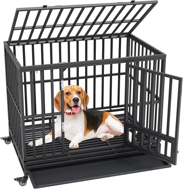 VEVOR 47 Inch Heavy Duty Dog Crate Indestructible Dog Crate 3-Door Heavy Duty Dog Kennel For Medium To Large Dogs With Lockable Wheels and Removable