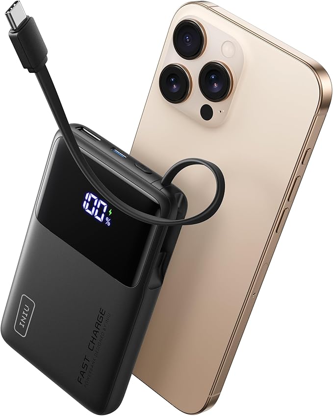 INIU 20W Power Bank, Slimmest 10000mAh Portable Charger with Build in USB C Cable, Fast Charging USB C in&Out Battery Pack, Travel External Phone