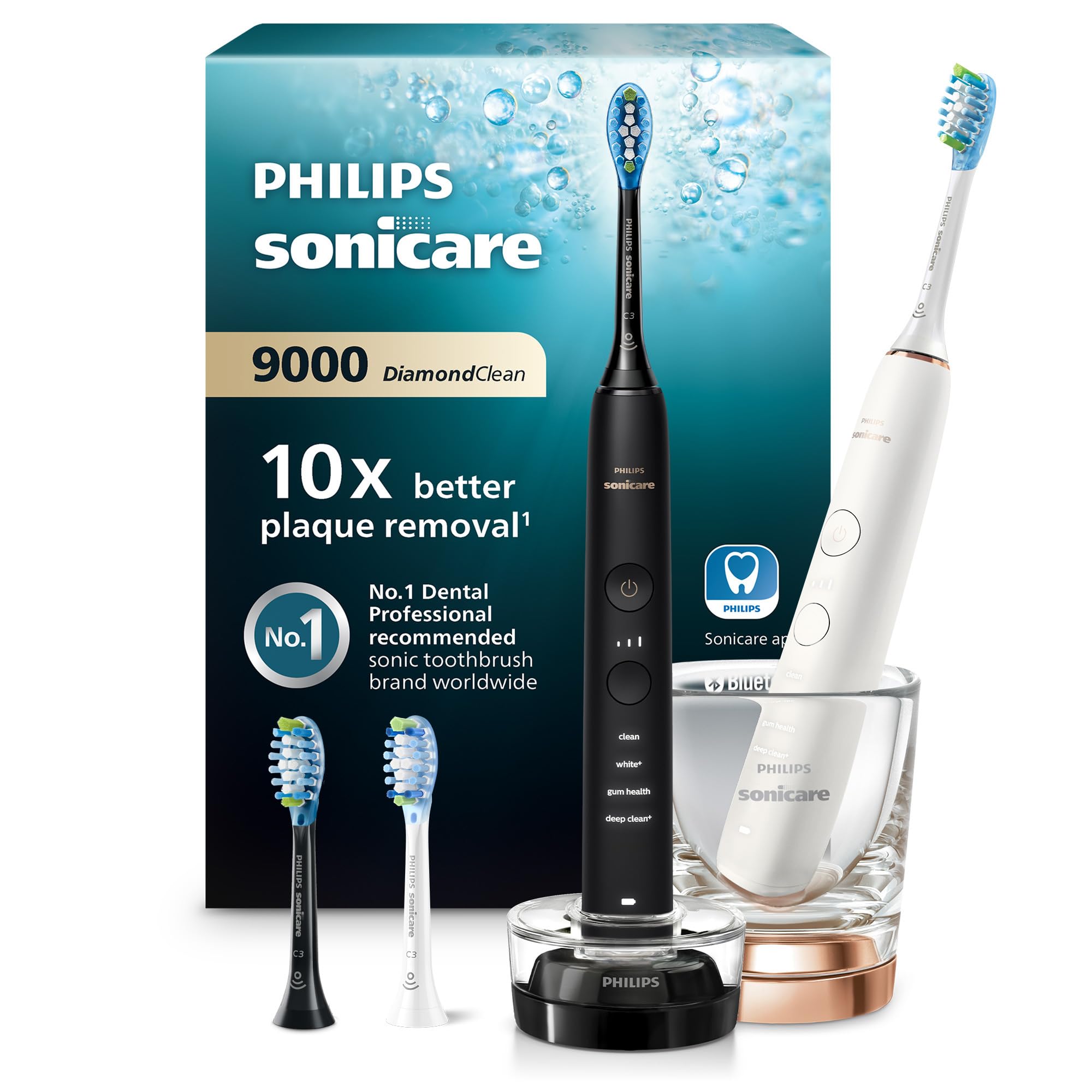 Philips Sonicare DiamondClean Series 9000 Double Pack Advanced Whitening Sonic Electric Cleaner With Mobile App, Black/Rose Gold (HX9914/61)