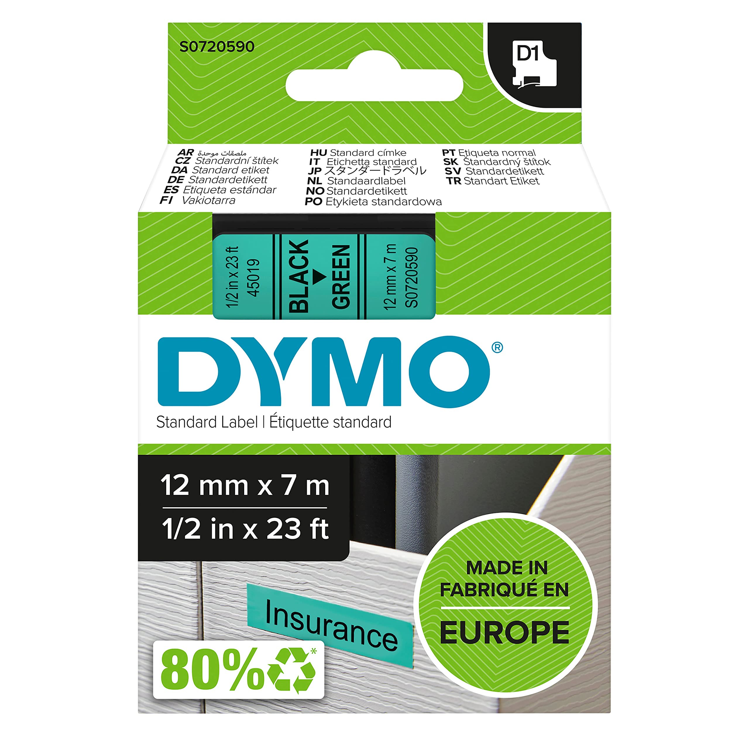 Dymo D1 Tape (12mm) Black On Green