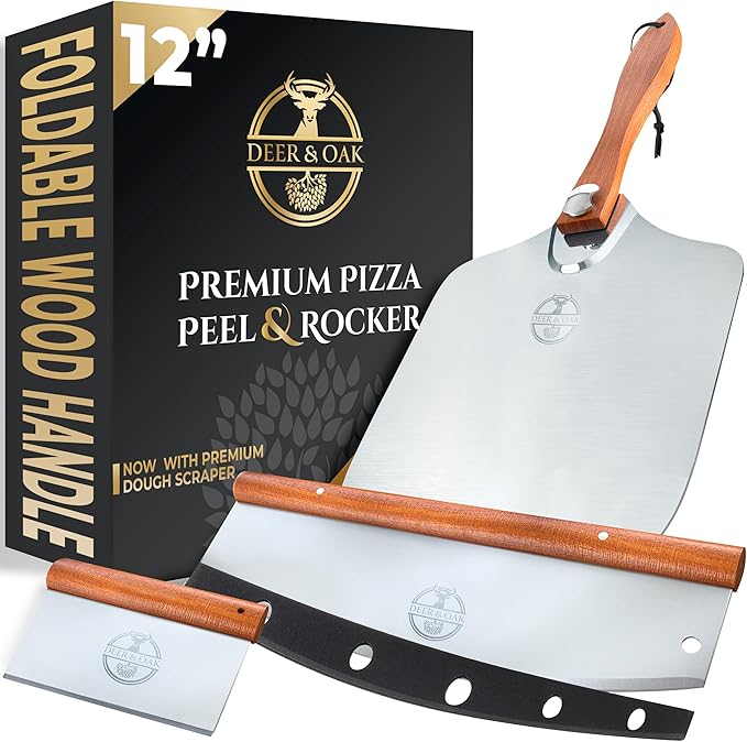 Deer & Oak Premium Pizza Peel & Rocker - Pizza Spatula - Pizza Peel Set - Pizza Oven Spatula - Pizza Peel Cutter - Pizza Cutter with Spatula - Pizza