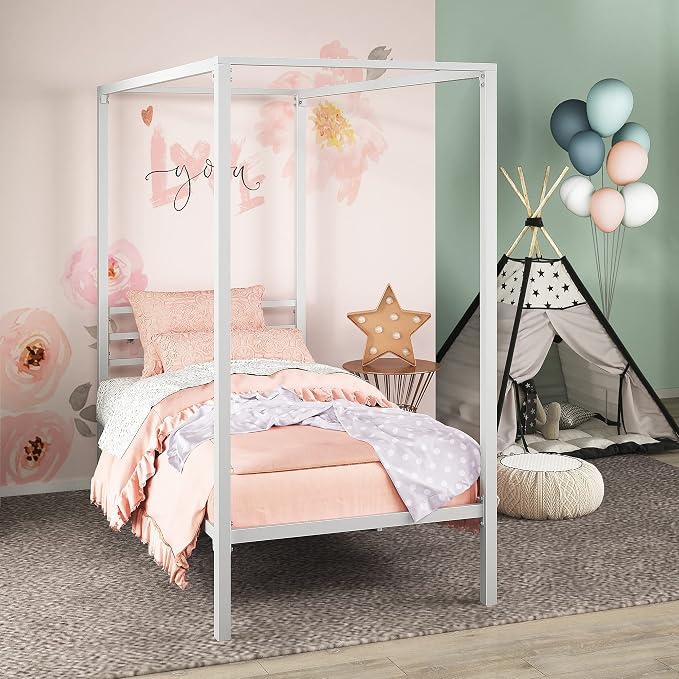 Zinus Patricia Metal Canopy Steel Four Poster Bed Frame - White