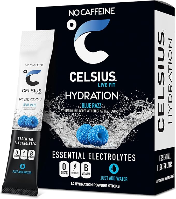 Celsius, Live Fit, Hydration, Essential Electrolytes, No Caffeine, Blue Razz, 14 Hydration Powder Sticks, 0.26 oz (7.28 g) Each