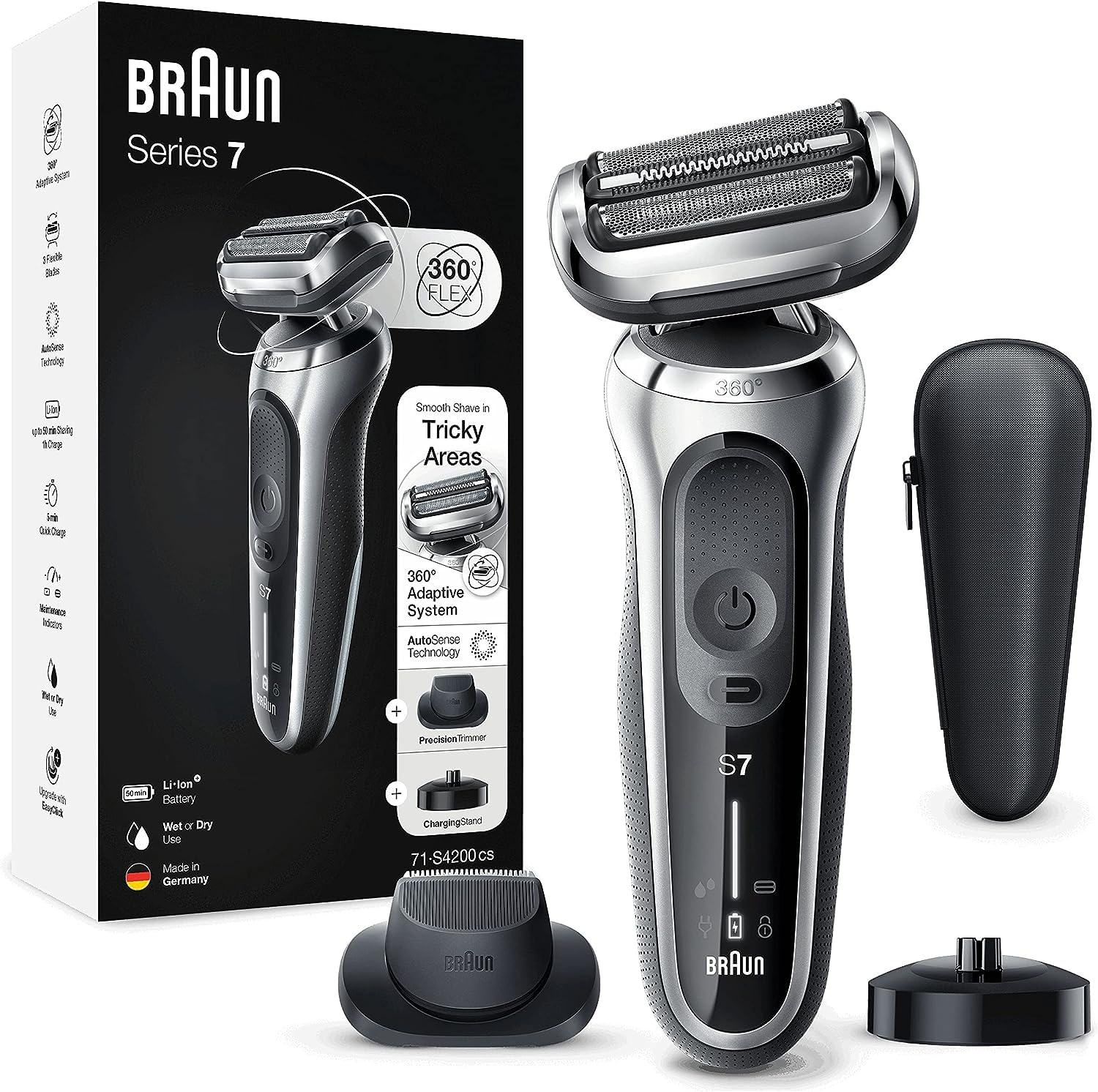 Braun Series 7 Men's Razor with EasyClick Attachment, Electric Shaver & Precision Trimmer, 360° Flex, Wet & Dry, Rechargeable & Wireless, 71-S4200cs, 