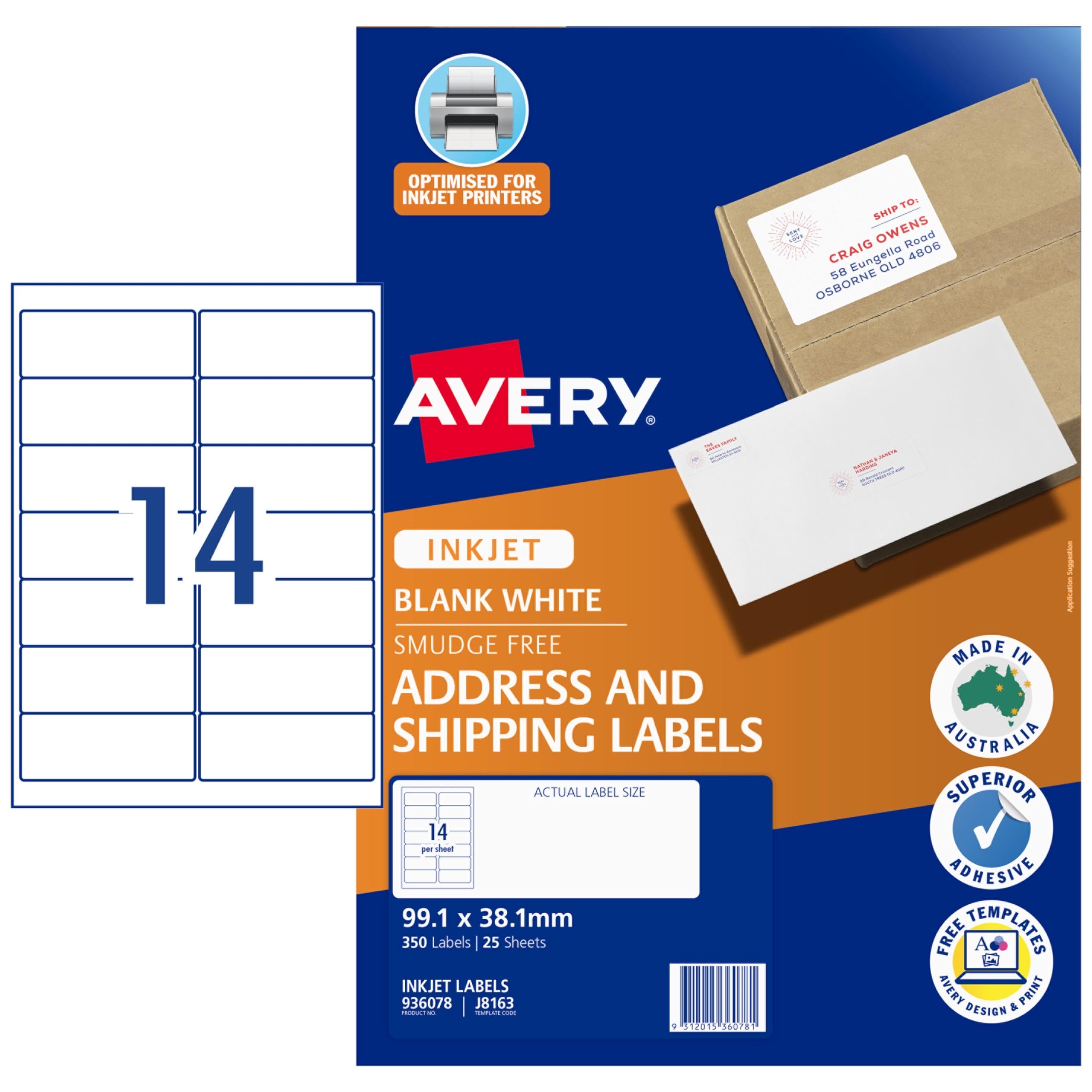 Avery 936078 White Address and Shipping Inkjet Labels - J8163 - 25/Pack - 99.1 x 38.1 mm |14UP