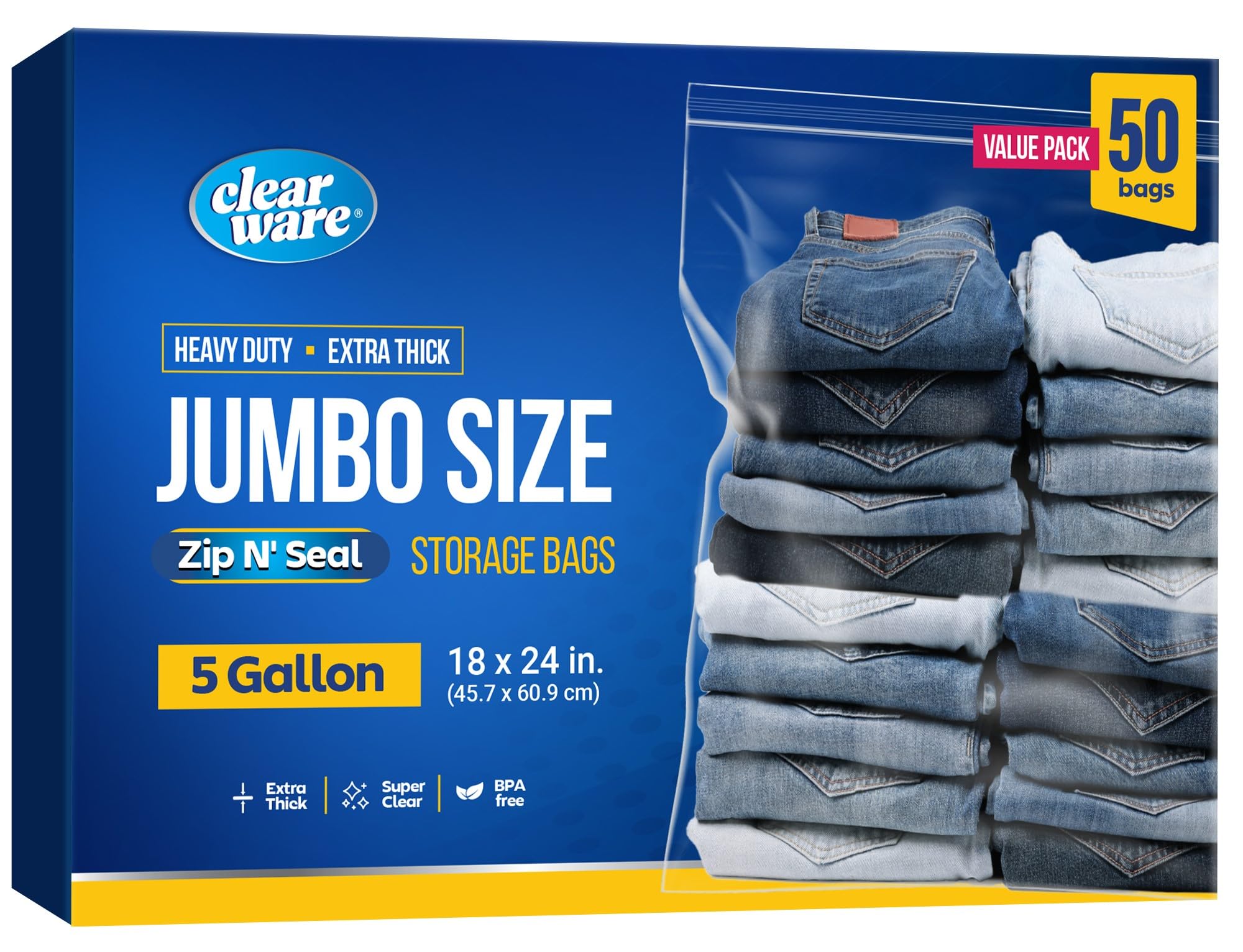 Clearware 50 Large Plastic Bags With Zipper Top - 5 Gallon Bags 18" x 24", Extra Large Storage Bags For Clothes, Travel, Moving, Large Reusable