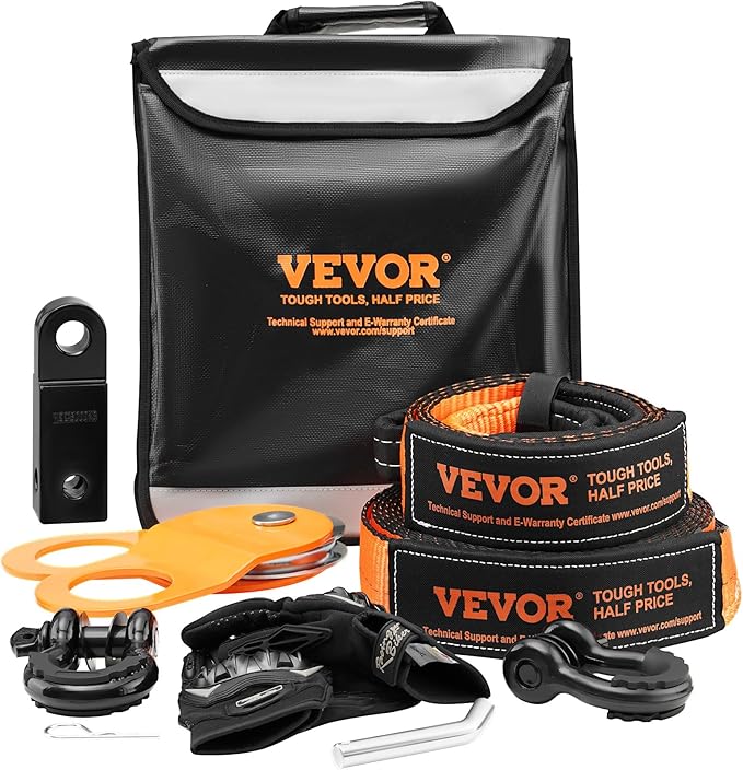 VEVOR Off-road Recovery Kit 7.6 x 914.4 cm Heavy Duty Winch Recovery Kit with 13608 kg Tow Straps 20T D-ring Shackles Shackle Receiver Snatch Block