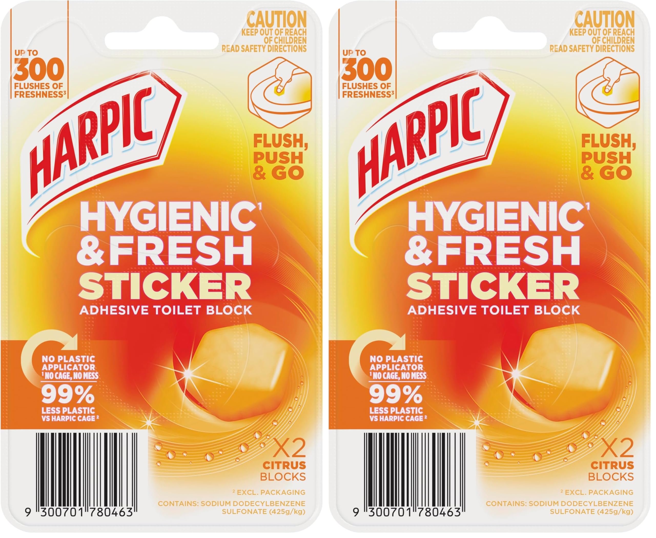 Harpic Hygenic & Fresh Sticker Adhesive Toilet Block Citrus 2 Pack