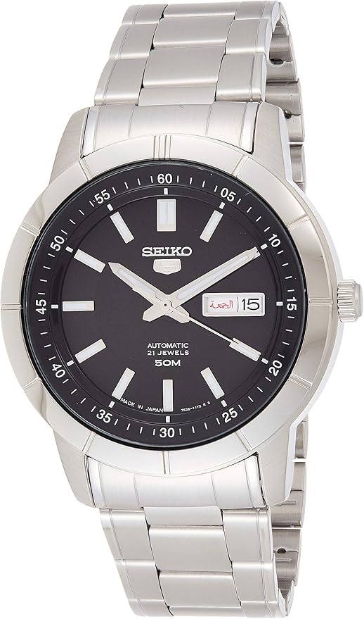 Seiko SNKN55J1 Seiko 5 Men's Automatic Watch; Black Dial; 43 mm Stainless Steel Bracelet