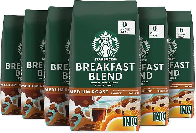 Starbucks Whole Bean Coffee, Medium Roast Coffee, Breakfast Blend, 100% Arabica, 6 Bags (12 oz)