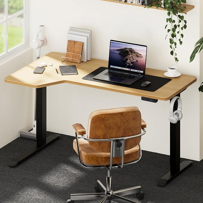 Oikiture L-Shape Electric Standing Desk Single Motor Black Frame 145cm Oak Desktop