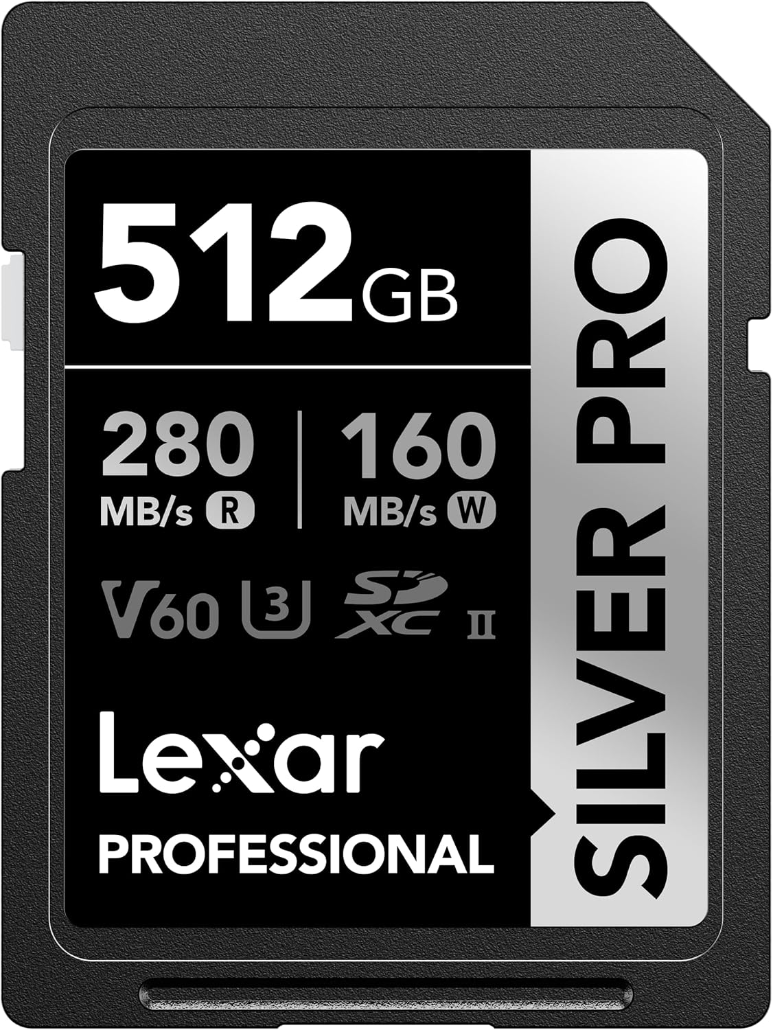 Lexar Silver Pro SD Card 512GB, UHS-II SD Memory Card, V60, U3, C10, Up to 280MB/s Read, 160MB/s Write, SDXC Card for DSLR/Camera/Professional