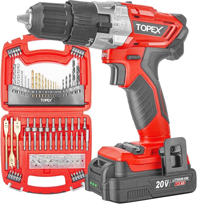 TOPEX 20V Max Cordless Hammer Drill w/ Li-ion Battery & Drill Bit Set