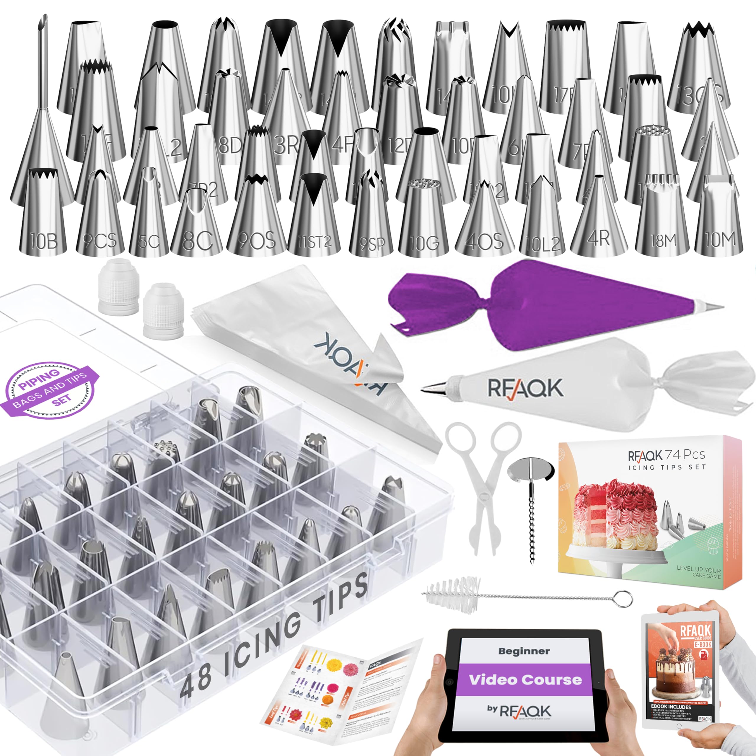 RFAQK 74pcs Icing Piping Bags and Tips Set - Cookie, Cupcake Icing Tips Cake Decorating Supplies Kit -48 Numbered Cake Frosting Piping Tips With Bookl