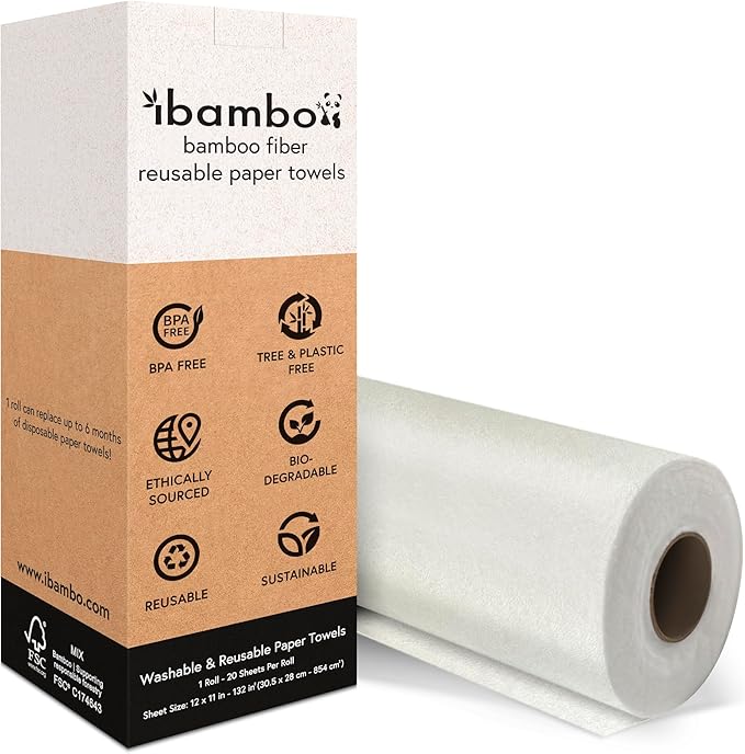 Ibambo 1 Roll of Bamboo Reusable Paper Towels - Heavy Duty, Absorbent, & Durable | FSC Certified Machine Washable Paper Towels | 100% Rayon Derived