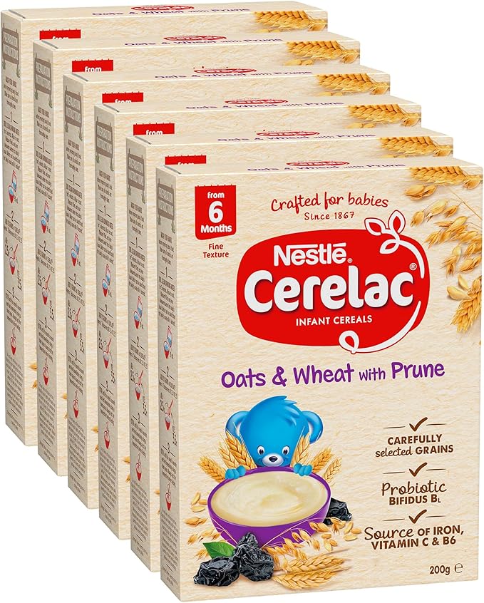 Nestlé Cerelac Oats & Wheat with Prune Baby Cereal, from 6 Months – 200g (Pack of 6)