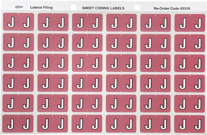 Avery Alphabetical 'J' Side Tab Colour Coding Labels 25 x 38 mm, 180/Pack