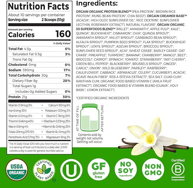 Orgain Organic Plant Based Protein + Superfoods Powder, Vanilla Bean -