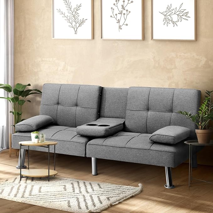 Oikiture Sofa Bed Lounge 3 Seater Futon Couch Sofabeds Recliner Cup Holder Fabric Grey