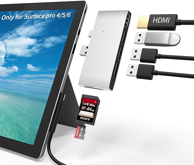 Surface Pro 4/Pro 5/Pro 6 Docking Station USB Hub USB 3.0 Hub Adapter, SD & TF/Micro SD Memory Card Reader, 4K HDMI Port Converter Accessories For