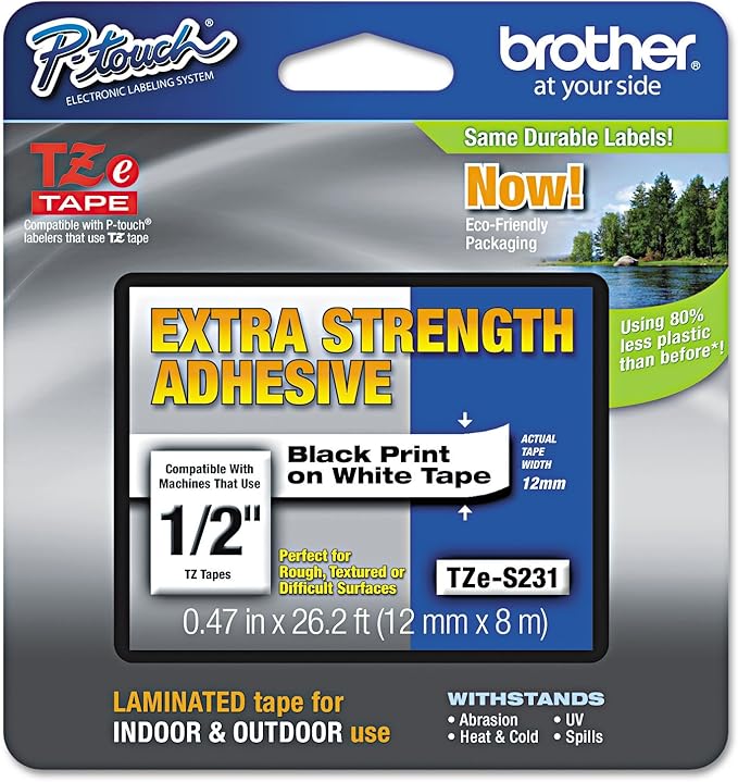Brother TZeS231 Black On White Tape with Extra Strength Adhesive, 0.47" x 26.25'