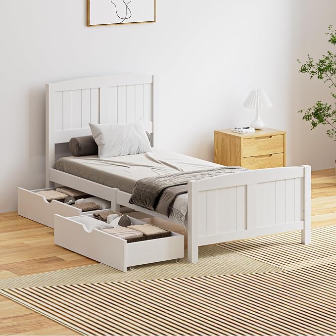 Oikiture Wooden Bed Frame Single Size with Trundle Drawers White