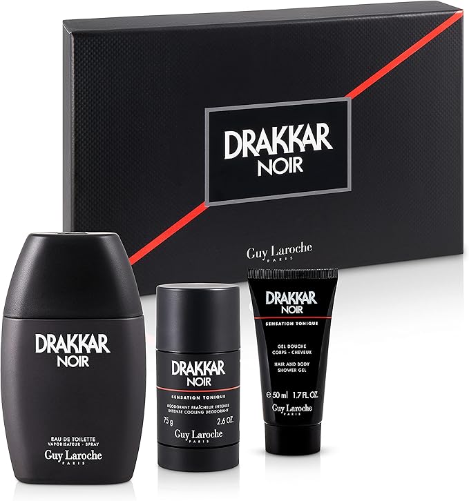 Drakkar Noir - 2021 by Guy Laroche for Men - 3 PC Gift Set - 3.4oz EDT Spray, 2.6oz Deodorant Stick, 1.7oz Shower Gel