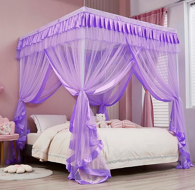 Mengersi Princess 4 Corners Post Canopy Bed Curtain for Girls Adults - Cosy Drapes - 4 Opening Mosquito Net - Cute Princess Bedroom Decoration Gift