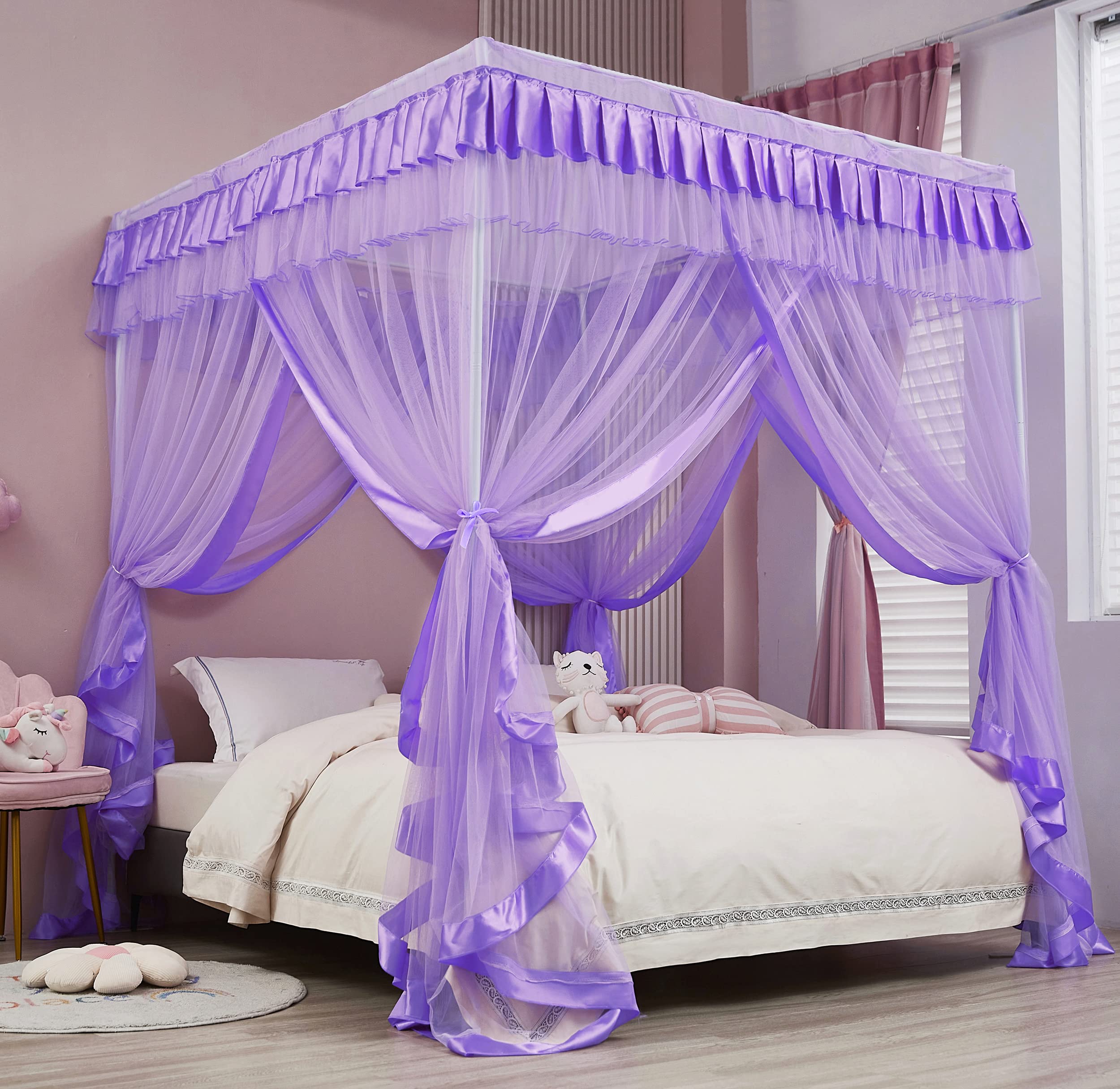 Mengersi Princess 4 Corners Post Bed Curtain Canopy Netting For Girls Boys Kids(Purple, TWIN) | Bedding