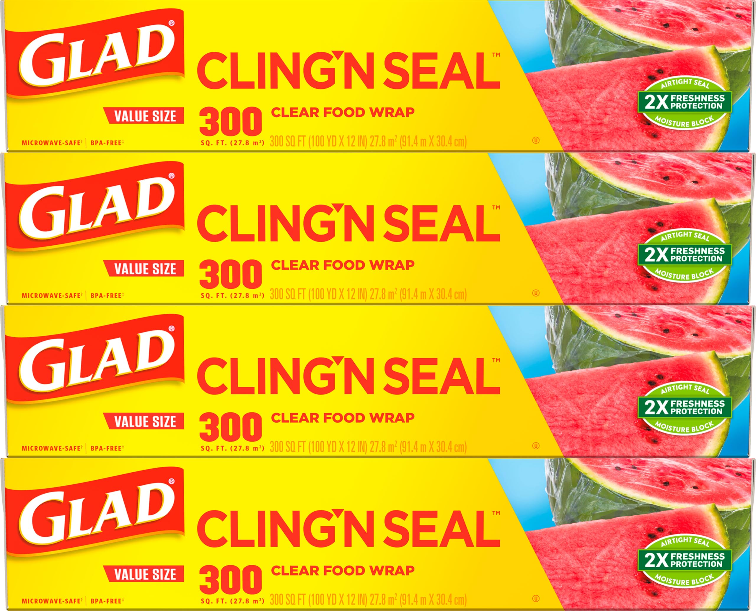 Glad ClingWrap Plastic Food Wrap - 300 Square Foot Roll - 4 Pack