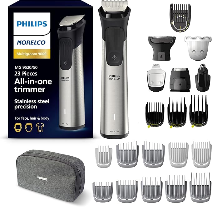 Norelco Philips Multi Groomer 23 Piece Men's Grooming Kit, Trimmer for Beard, Head, Face, Body, and Groin - Stainless Steel Precision. No Blade Oil