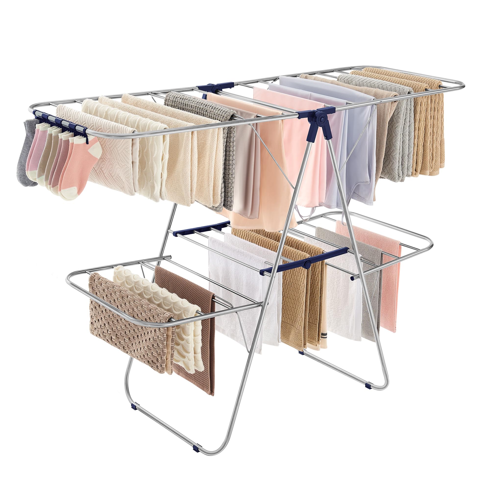 SONGMICS Clothes Drying Rack, Foldable 2-Level Laundry Drying Rack, Free-Standing Laundry Airer, with Height-Adjustable Wings, 33 Drying Rails, Sock 